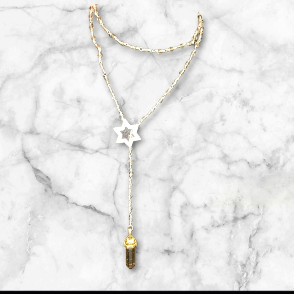 NWT Aviva Stanoff 14k Gold Plated & Smoky Quartz Star Long Beaded Necklace